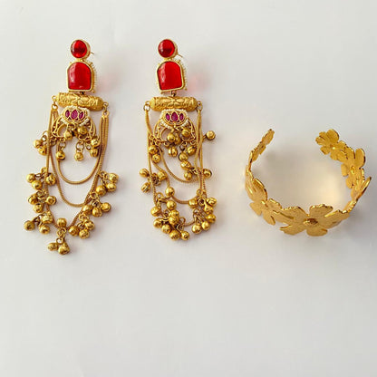 Ruby Gold Plated Kashmiri Design Earring with Gold Plated Floral Bracelet Combo