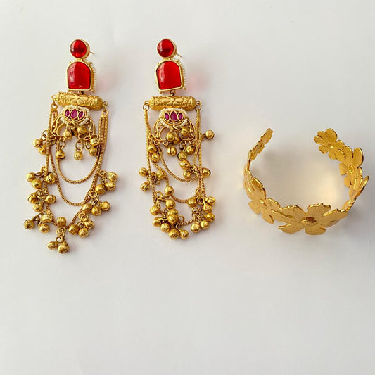 Ruby Gold Plated Kashmiri Design Earring with Gold Plated Floral Bracelet Combo
