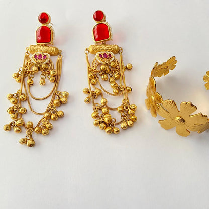 Ruby Gold Plated Kashmiri Design Earring with Gold Plated Floral Bracelet Combo
