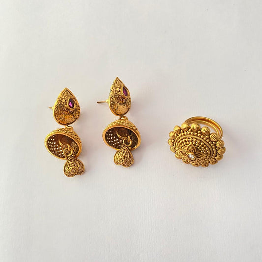 Antique Gold Plated Pink Stone Earring with Antique Gold Plated Big Ring Combo