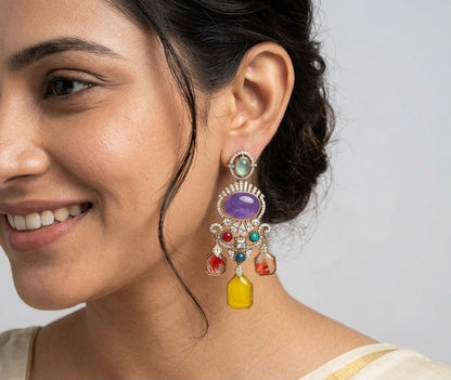 Central Amethyst Stone with Multi Color Antique Gold Plated Earring