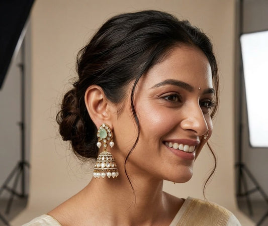 Mint Green Kundan34 with Pearl  Antique Gold Plated Jhumka