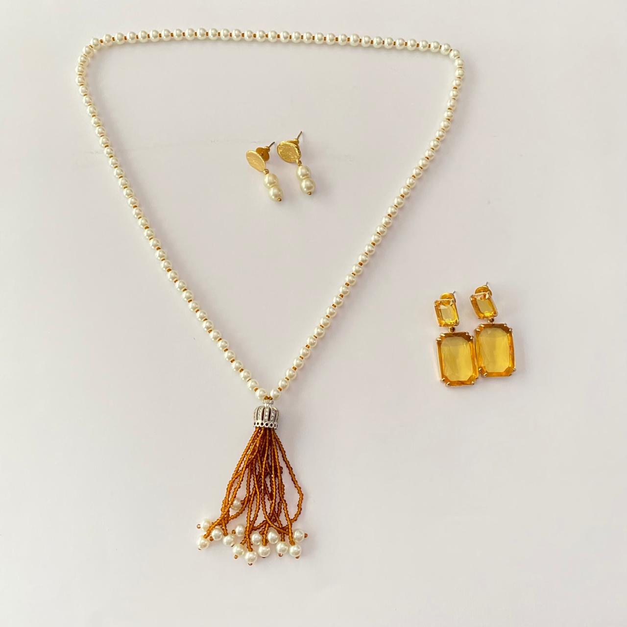 Pearl  Necklace with yellow stone earring combo