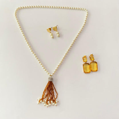 Pearl  Necklace with yellow stone earring combo