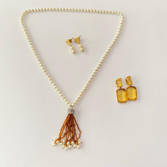 Pearl  Necklace with yellow stone earring combo