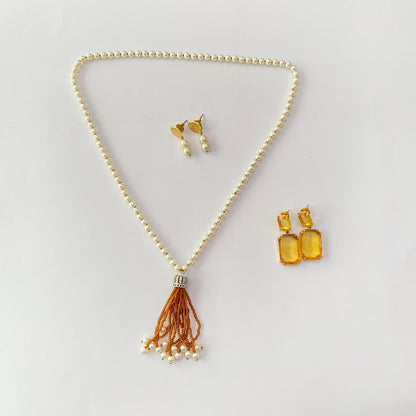 Pearl  Necklace with yellow stone earring combo