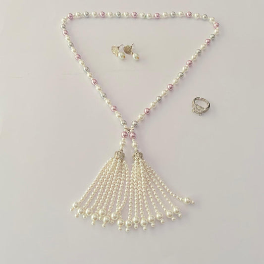 Pearl Latest design necklace with silver plated diamond ring Combo