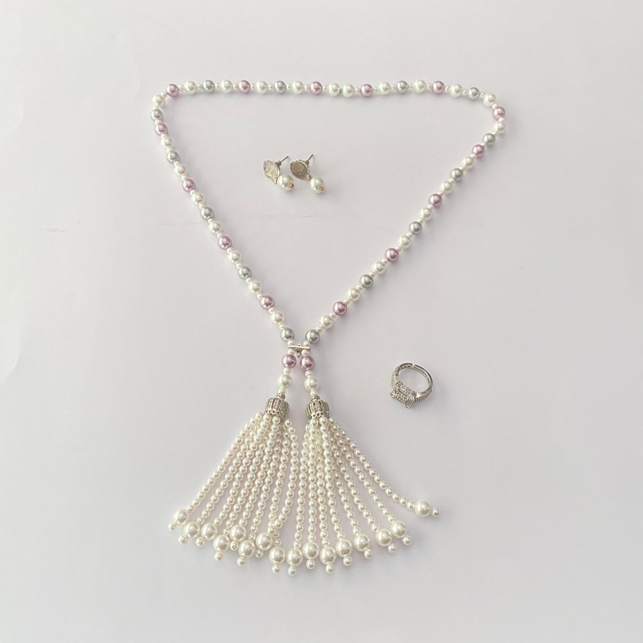 Pearl Latest design necklace with silver plated diamond ring Combo