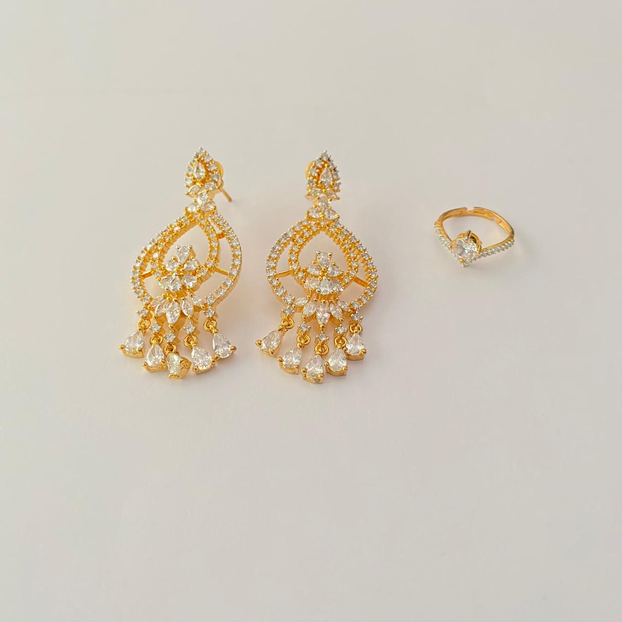 Diamond Earring with Diamond  Ring gold plated Combo