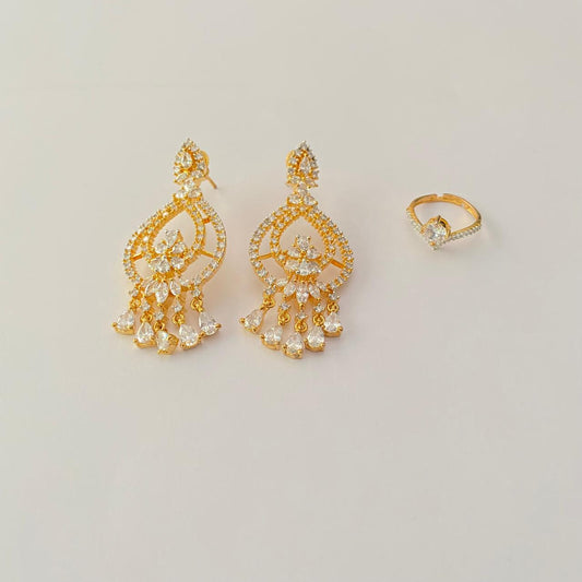 Diamond Earring with Diamond  Ring gold plated Combo