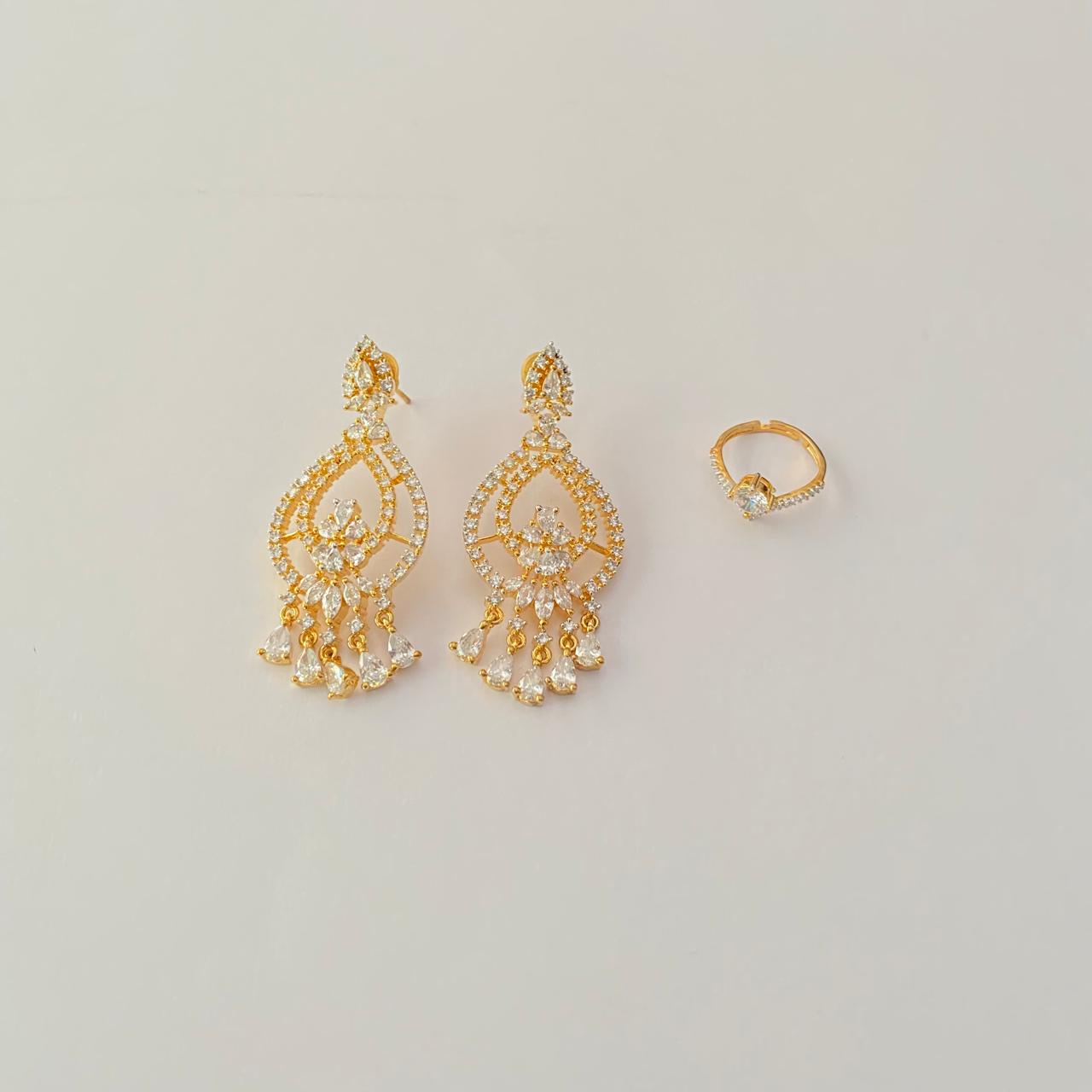 Diamond Earring with Diamond  Ring gold plated Combo