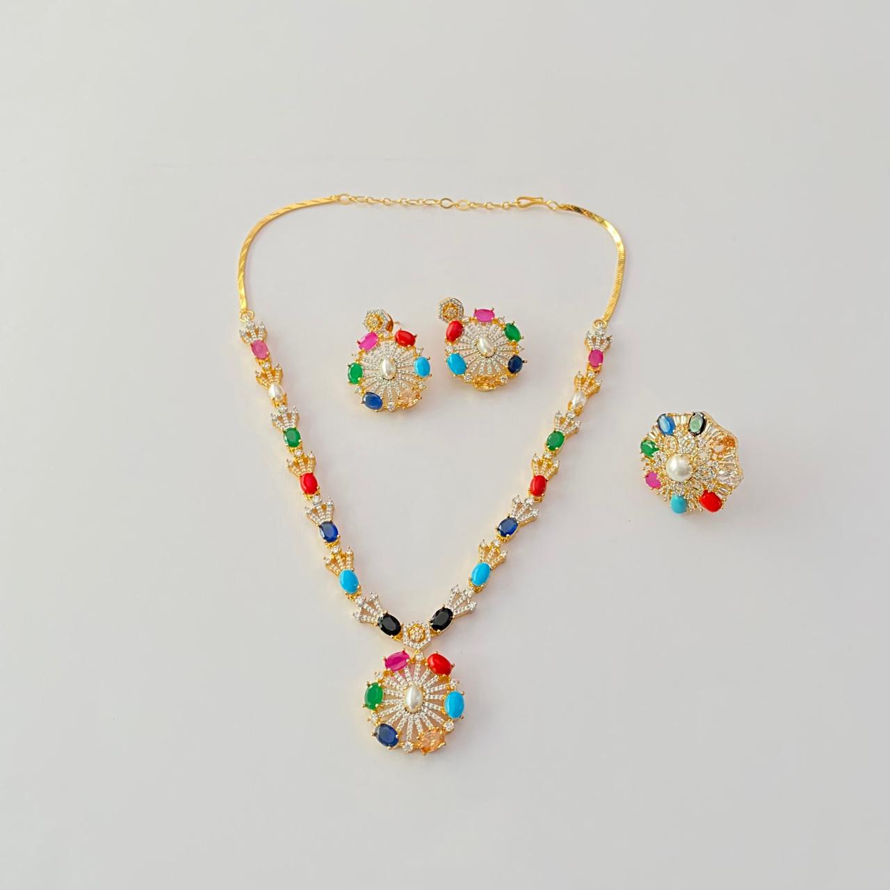 Navratan necklace with ring gold plated combo