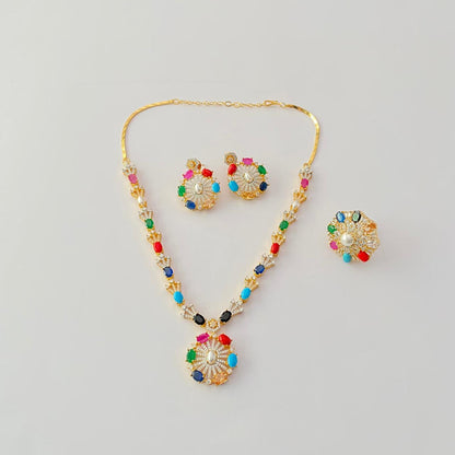Navratan necklace with ring gold plated combo