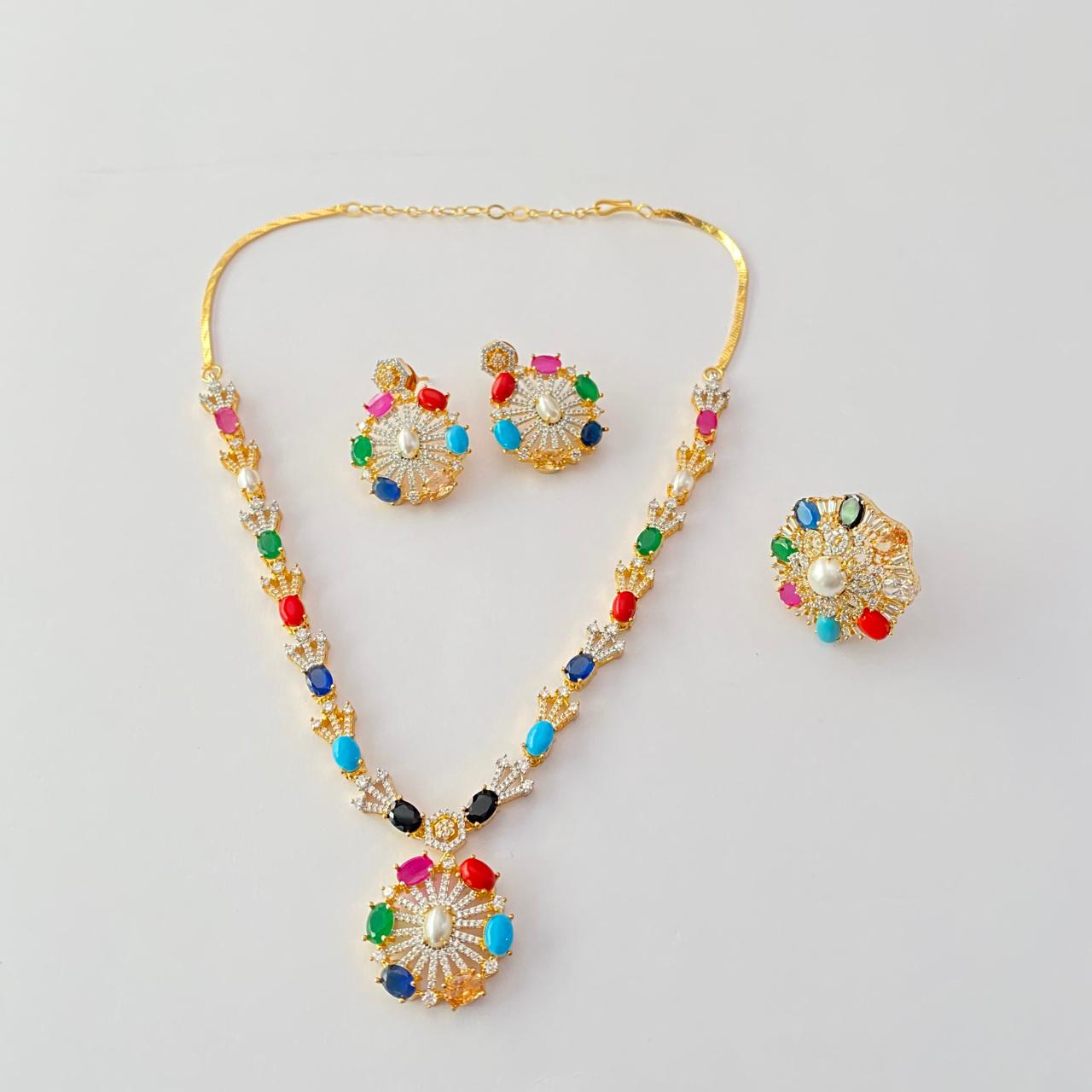 Navratan necklace with ring gold plated combo