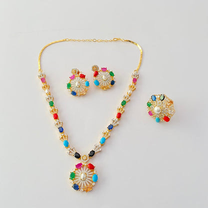 Navratan necklace with ring gold plated combo