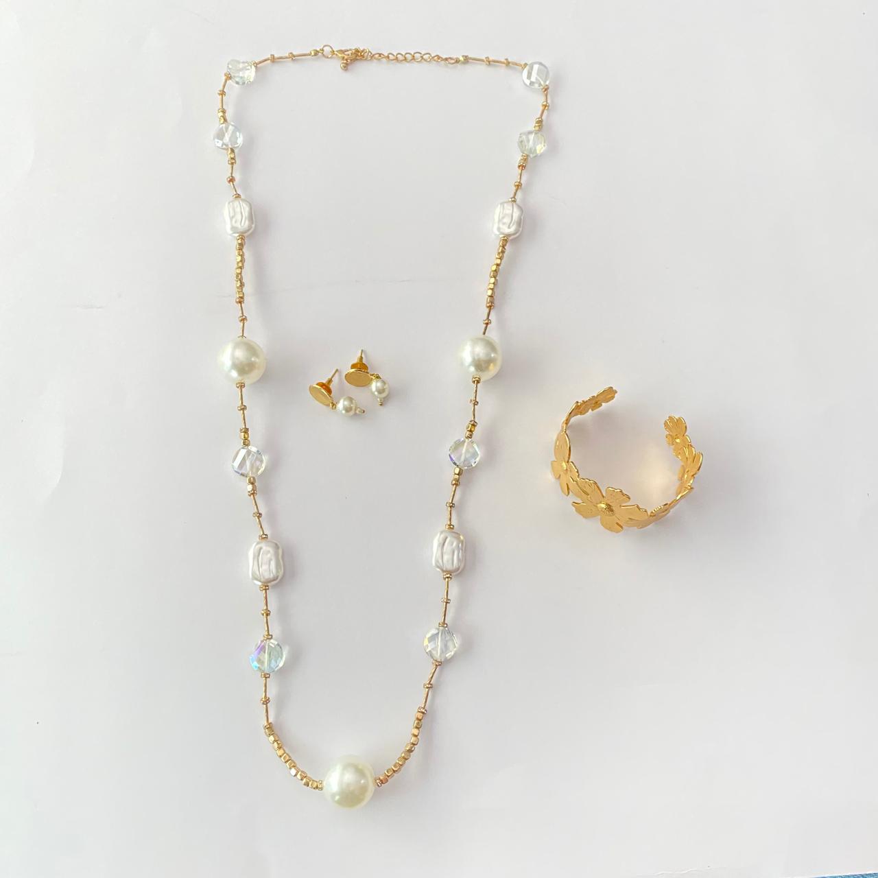 Pearl fancy necklace set with gold plated bracelet combo