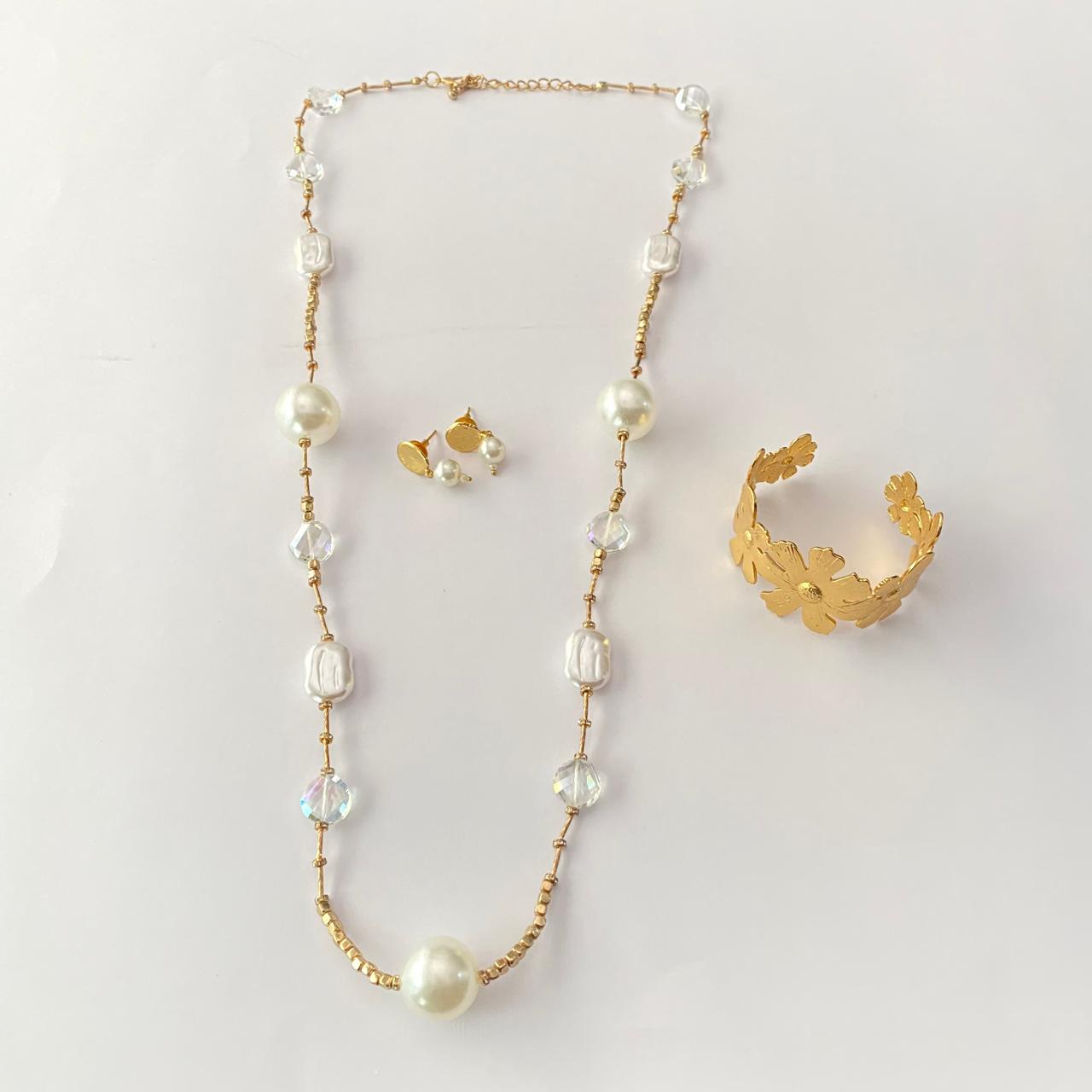 Pearl fancy necklace set with gold plated bracelet combo