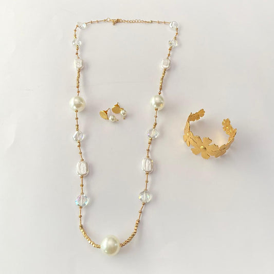 Pearl fancy necklace set with gold plated bracelet combo