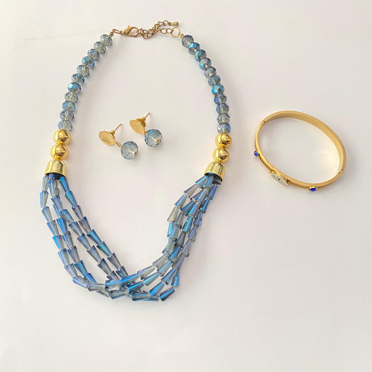 Blue Crystals necklace set with evil eye bracelet combo