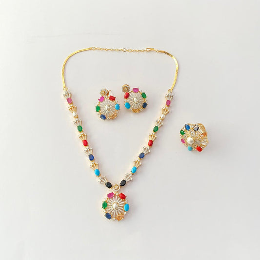 Navratan necklace with ring gold plated combo