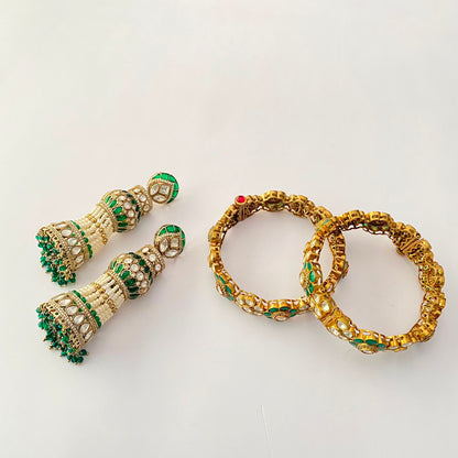 Antique Gold Green Kundan Bangle With Jhumka Combo