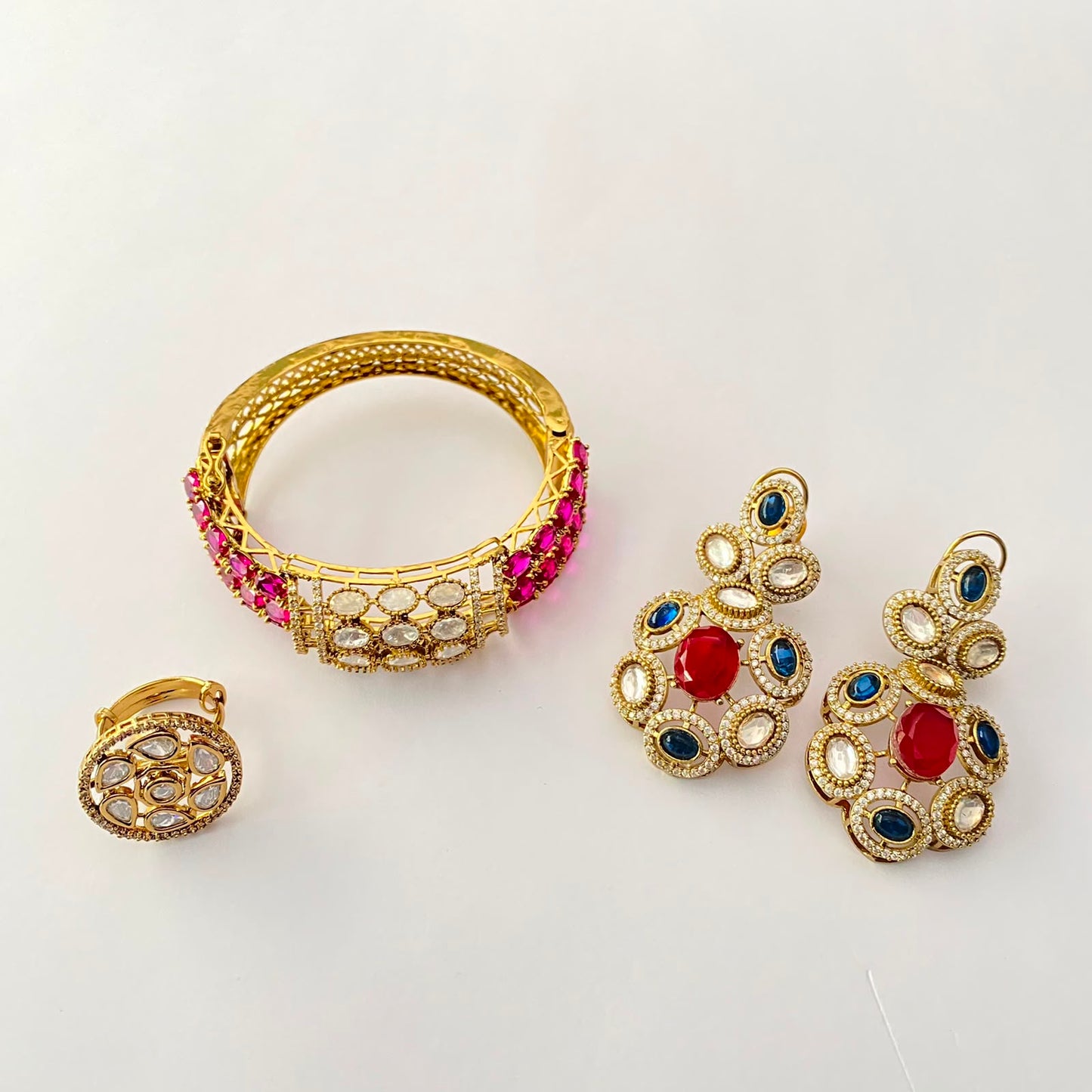 Antique Gold Pink Moissanite Bracelet, Ring and kundan Earring Combo Set