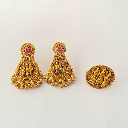 Gold Plated Ram Darbar Earring and Ring Combo Set.