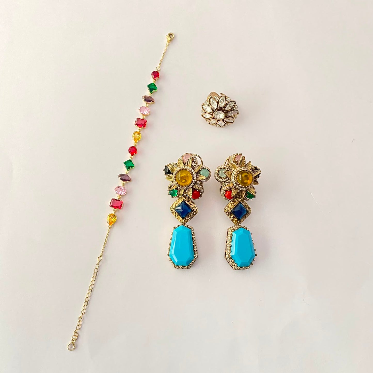 Antique Gold Multi Bracelet ,Ring And Multi Firoza Earring Combo Set