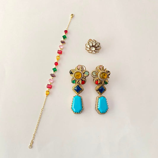 Antique Gold Multi Bracelet ,Ring And Multi Firoza Earring Combo Set