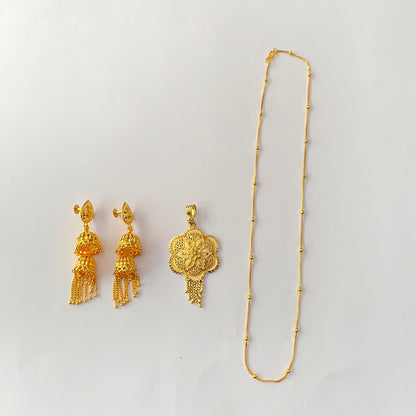 Gold Plated Matar Ball Chain with Gold Plated Pendant with Gold Plated Jhumka Earring Combo