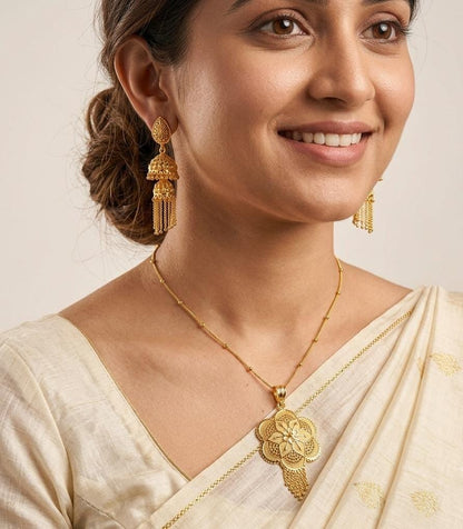 Gold Plated Matar Ball Chain with Gold Plated Pendant with Gold Plated Jhumka Earring Combo