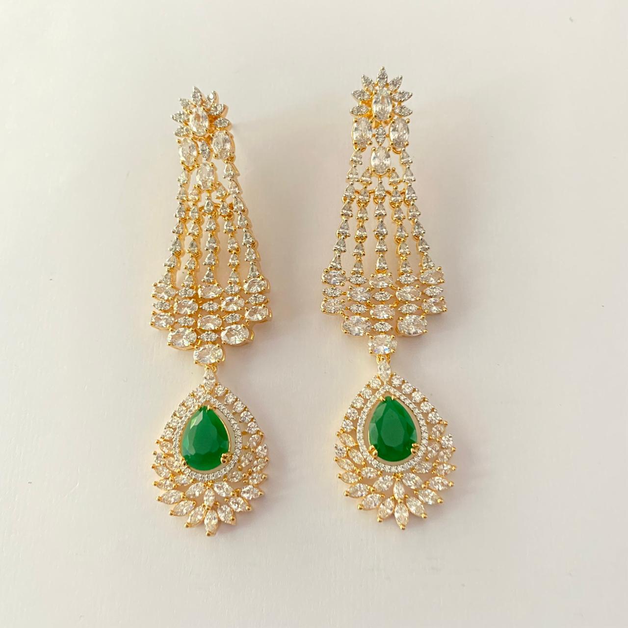 Emerald Gold Plated Diamond Long Dangler Earring