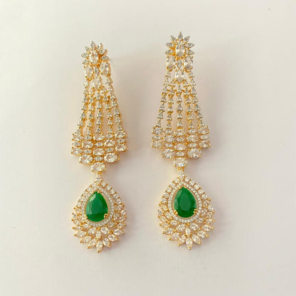 Emerald Gold Plated Diamond Long Dangler Earring