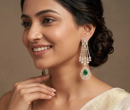 Emerald Gold Plated Diamond Long Dangler Earring