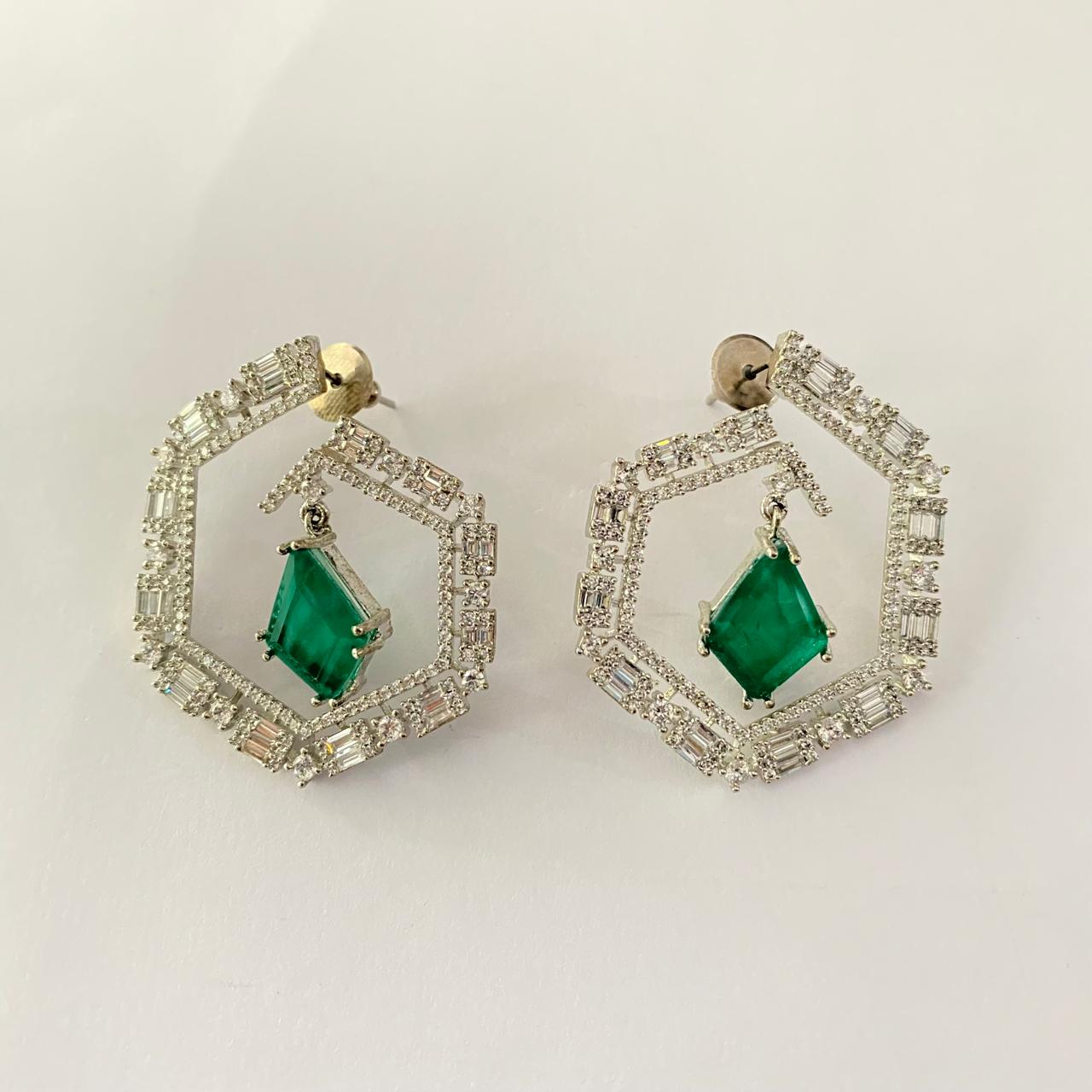 Emerald Silver Plated Diamond Stud