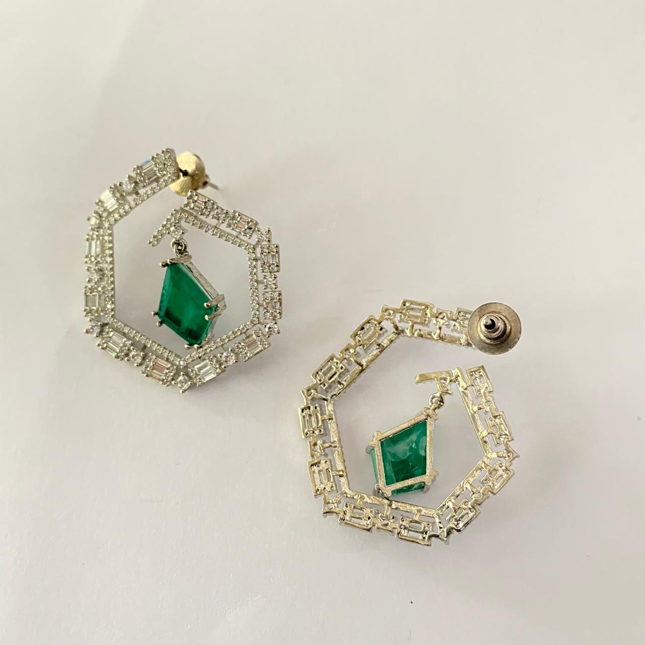 Emerald Silver Plated Diamond Stud