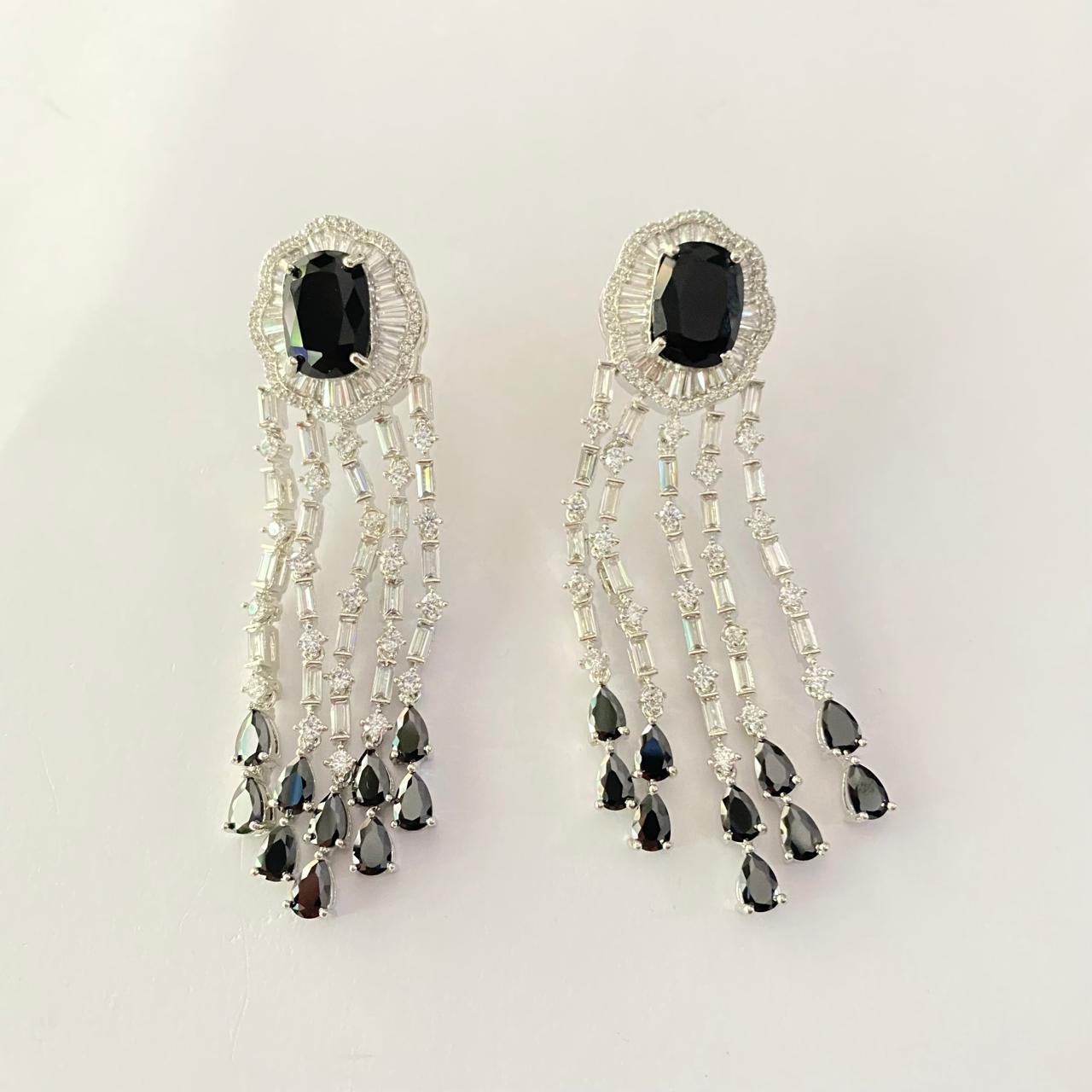 Black Stone Silver Plated Diamond Earring