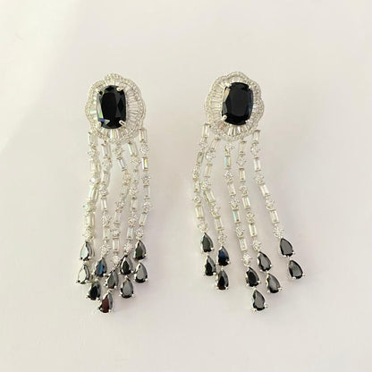 Black Stone Silver Plated Diamond Earring