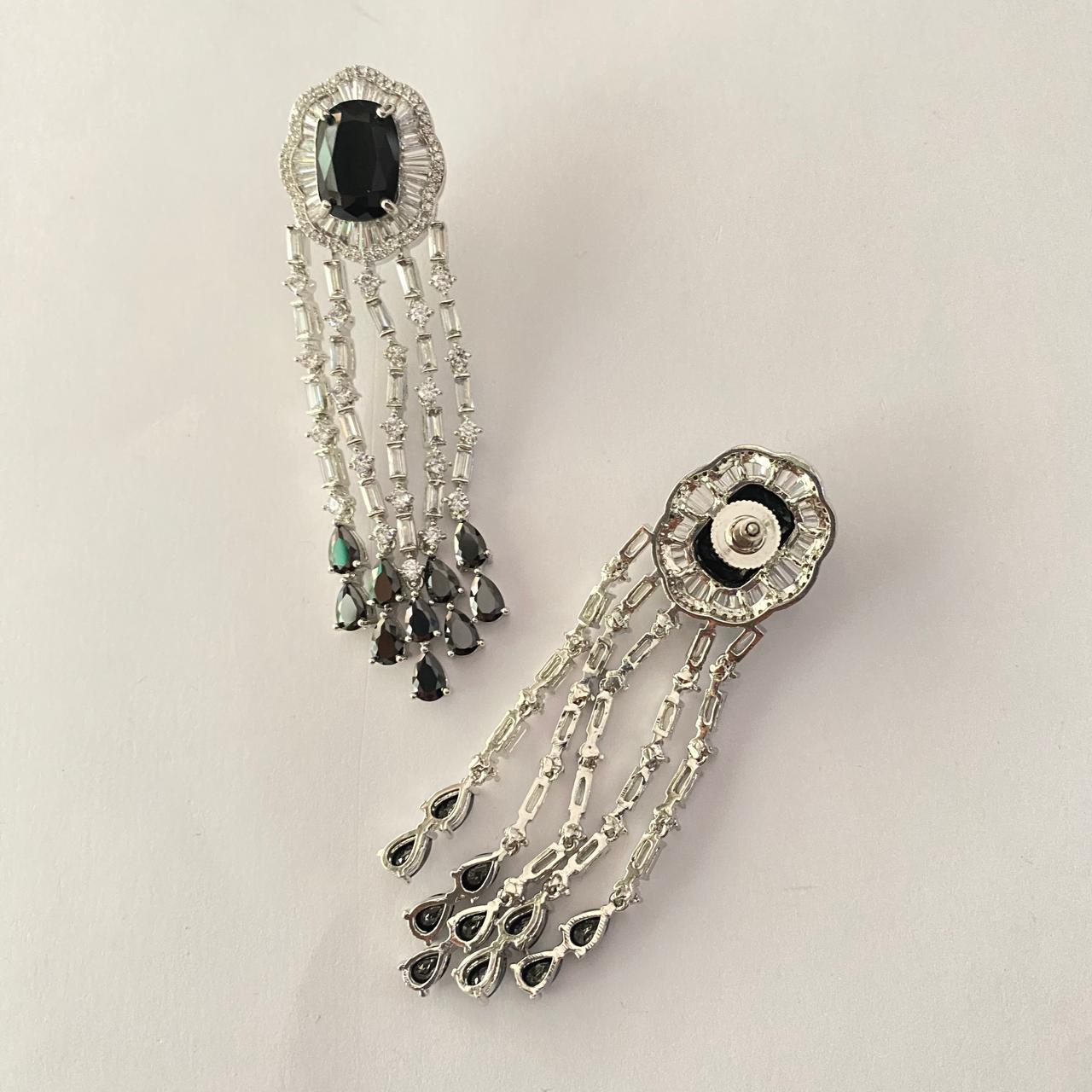 Black Stone Silver Plated Diamond Earring