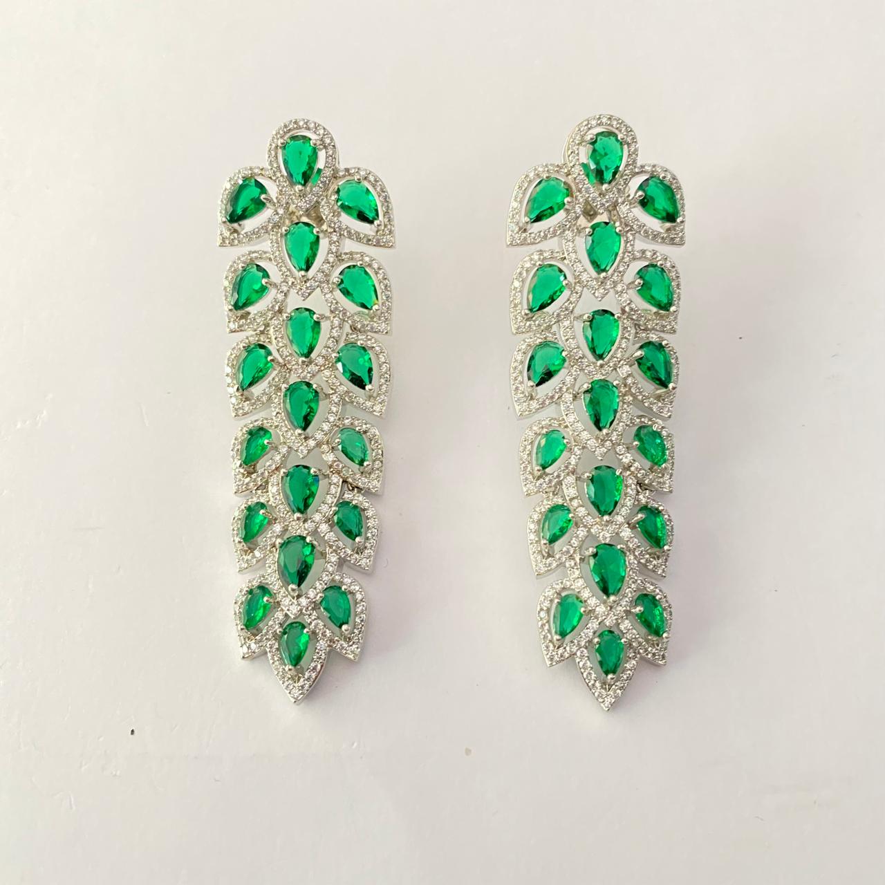 Emerald Silver Plated Diamond Leaf Design Earring