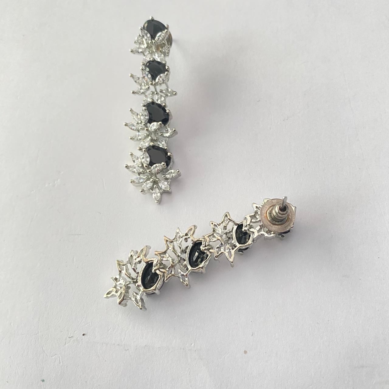 Black Stone Silver Plated Diamond Earring