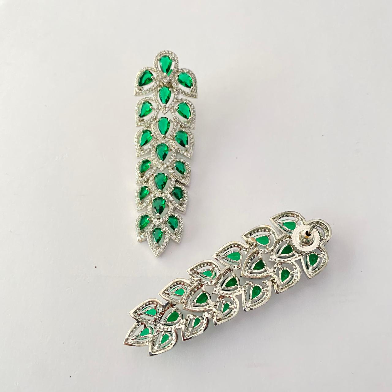 Emerald Silver Plated Diamond Leaf Design Earring