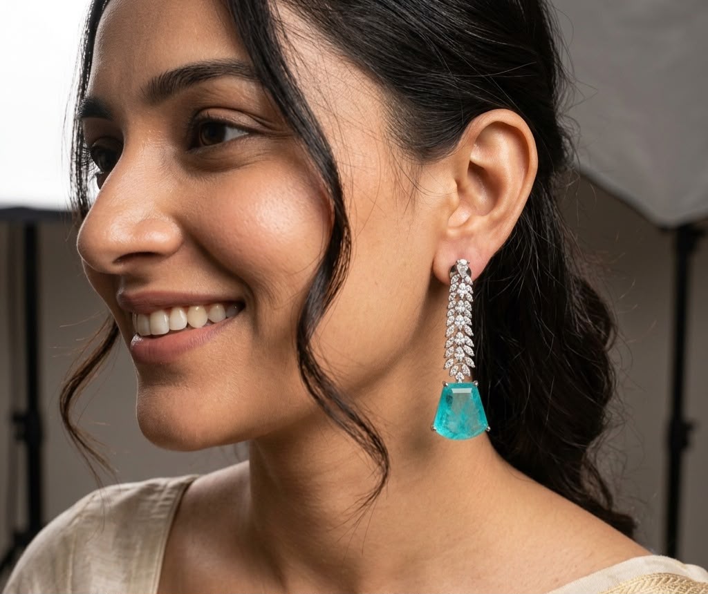Aqua Silver Plated Diamond Dangler Earring