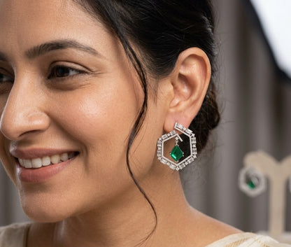 Emerald Silver Plated Diamond Stud