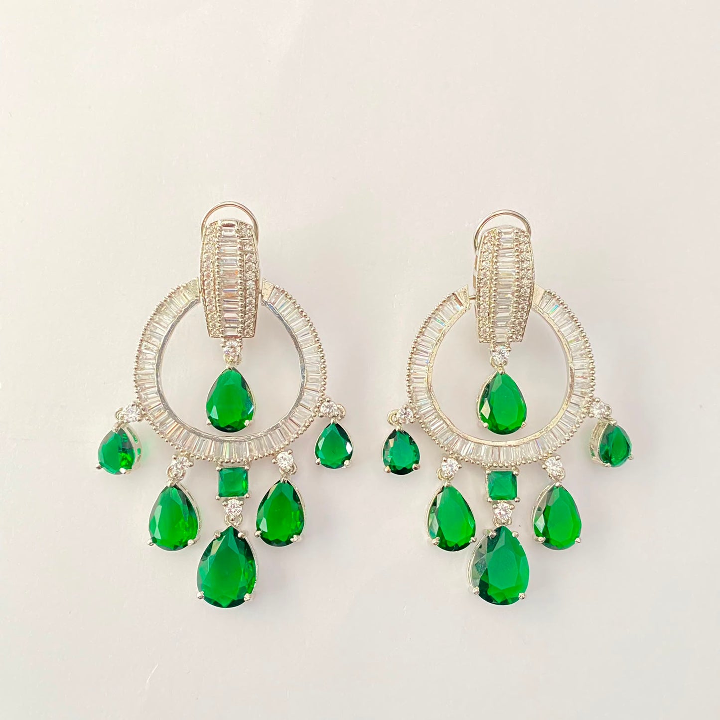 Silver Plated Green Diamond Earring With Back Clip