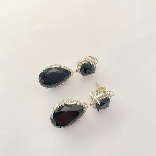 Black Stone Silver Plated Earring With Back Clip