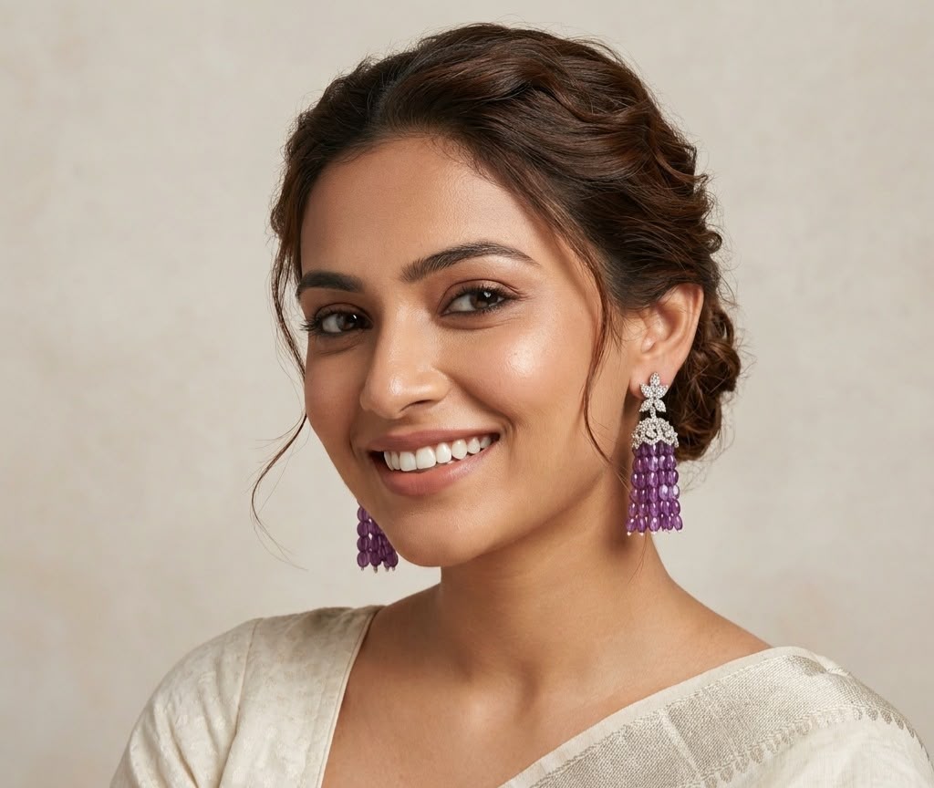 Dimaond Silver Plated Amethyst Beads Earring