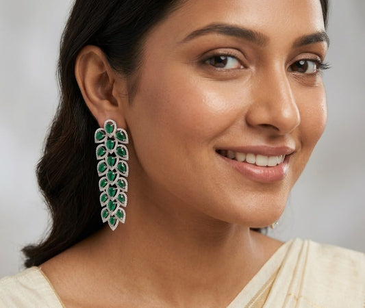 Emerald Silver Plated Diamond Leaf Design Earring
