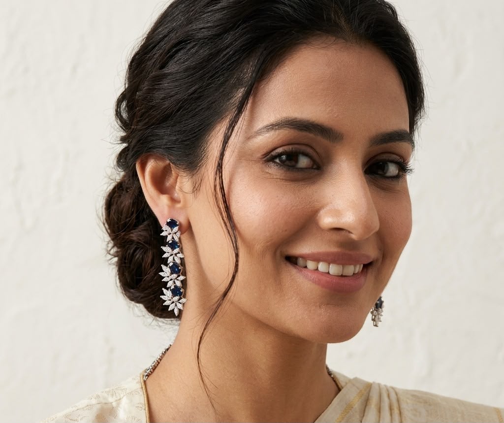 Black Stone Silver Plated Diamond Earring
