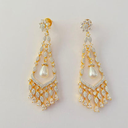 Gold Plated Teardrop Stone Pearl in the Center Dangler Earring
